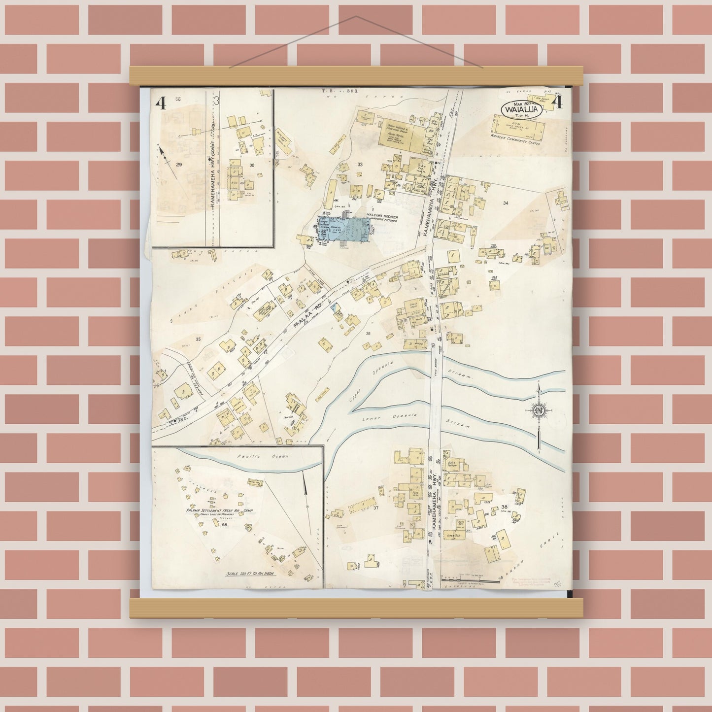 Old map wall art mockup — magnetic wood frame on brick wall — Sanborn Fire Insurance Map from Waialua, Honolulu County, Hawaii (1957), Sheet #0004