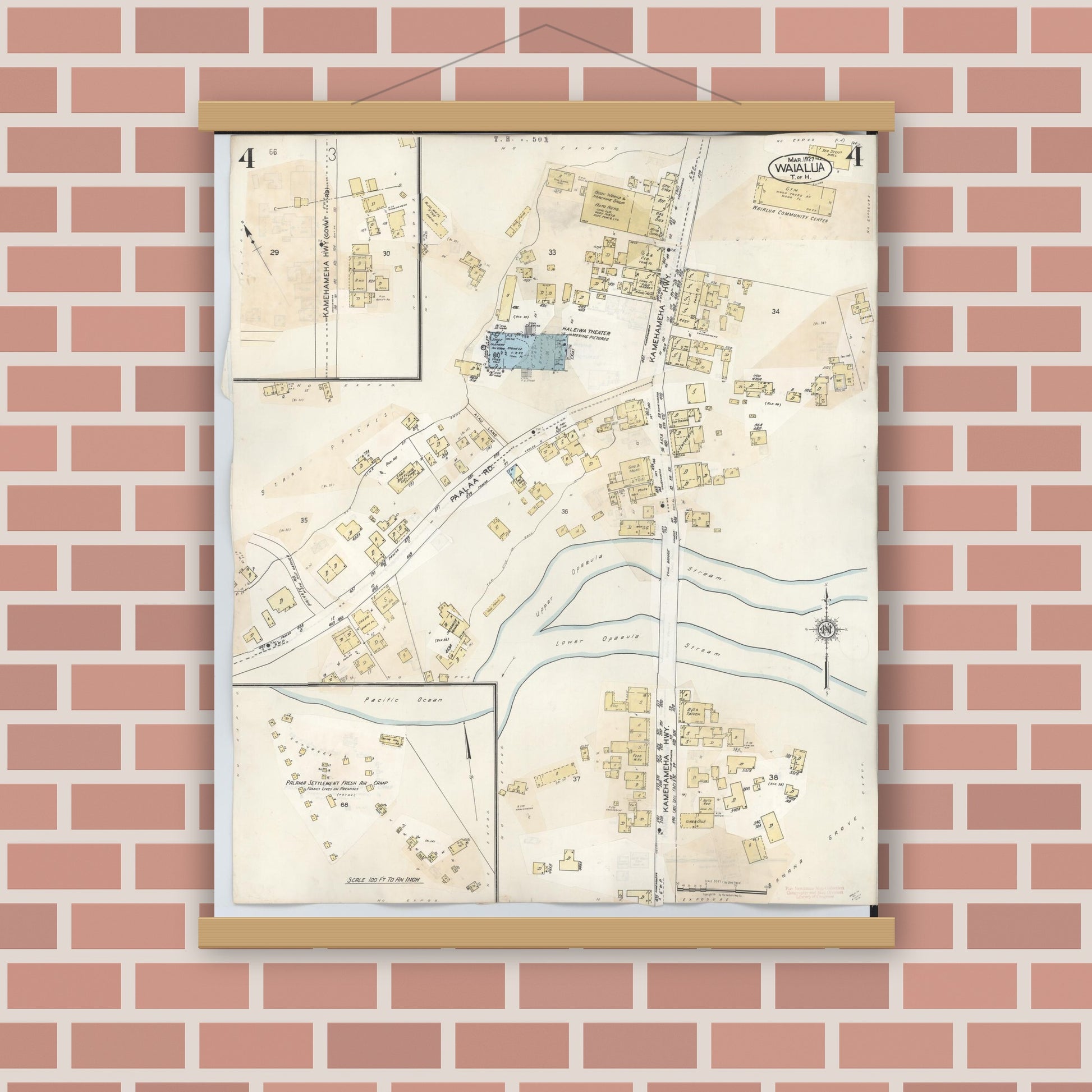 Old map wall art mockup — magnetic wood frame on brick wall — Sanborn Fire Insurance Map from Waialua, Honolulu County, Hawaii (1957), Sheet #0004