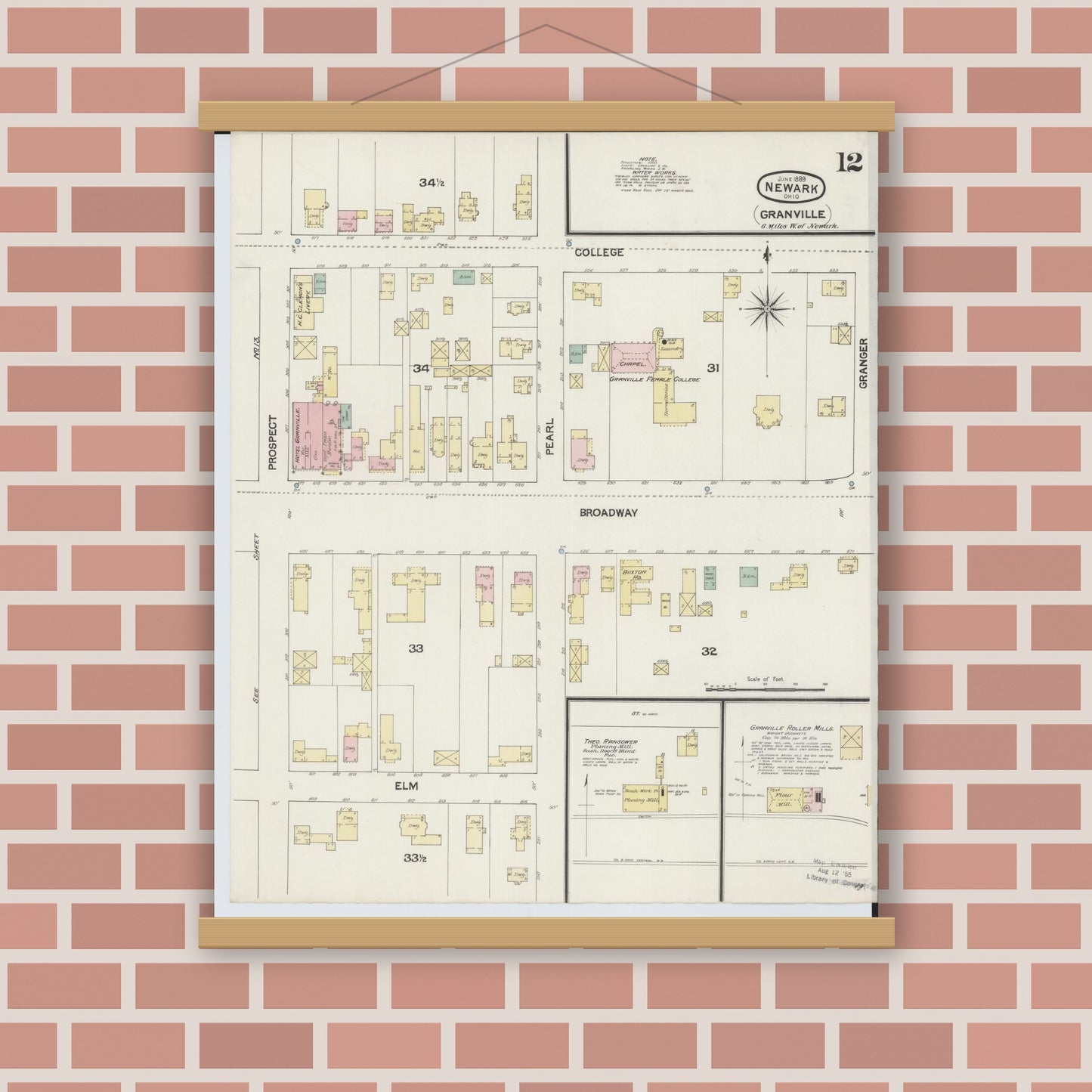 Old map wall art mockup — magnetic wood frame on brick wall — Sanborn Fire Insurance Map from Newark, Licking County, Ohio (1889), Sheet #0012