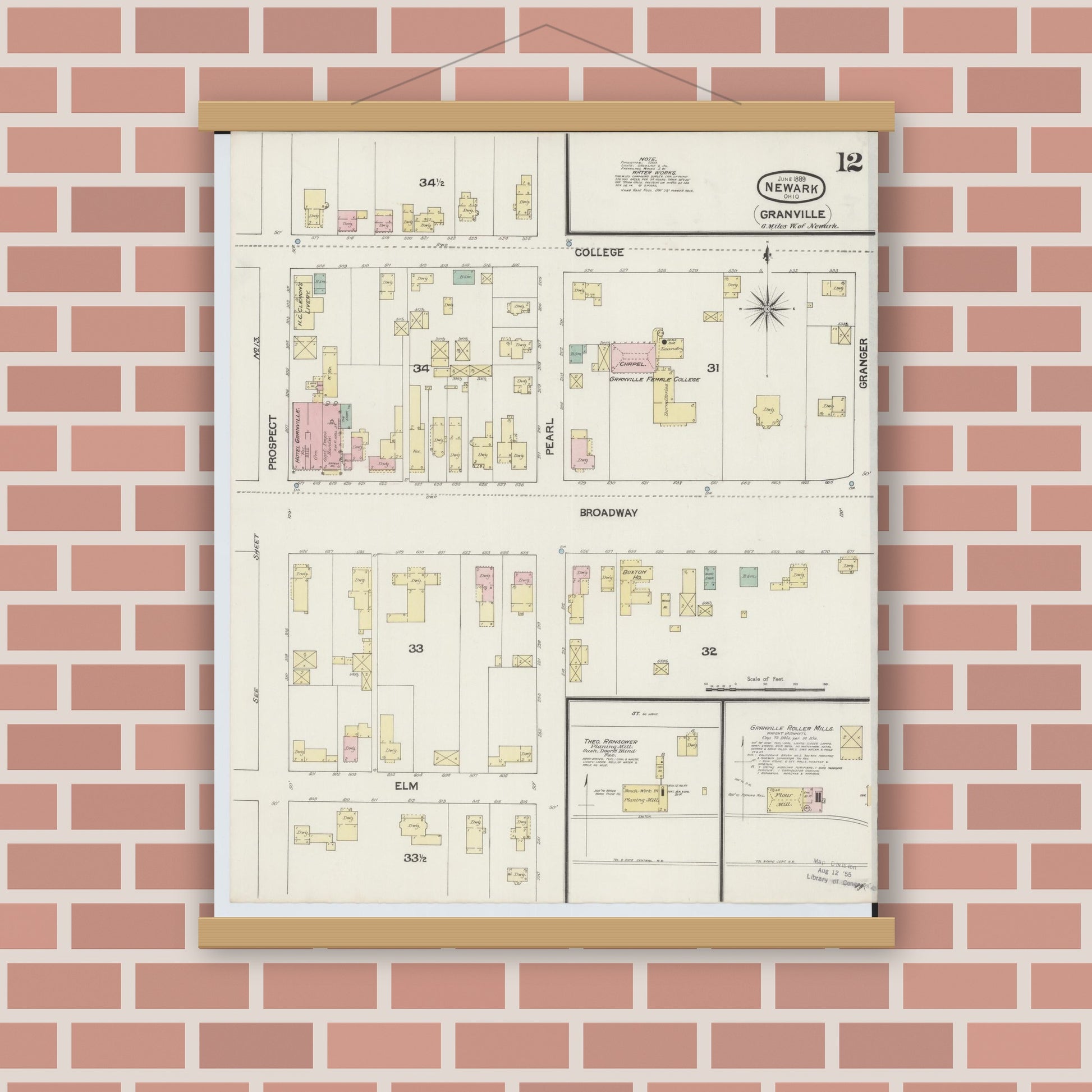 Old map wall art mockup — magnetic wood frame on brick wall — Sanborn Fire Insurance Map from Newark, Licking County, Ohio (1889), Sheet #0012