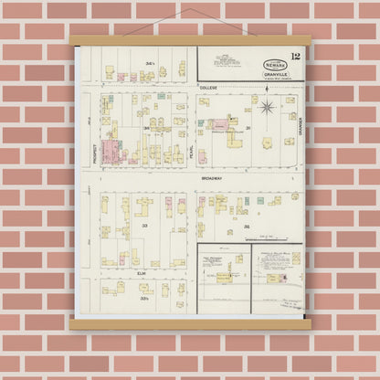 Old map wall art mockup — magnetic wood frame on brick wall — Sanborn Fire Insurance Map from Newark, Licking County, Ohio (1889), Sheet #0012