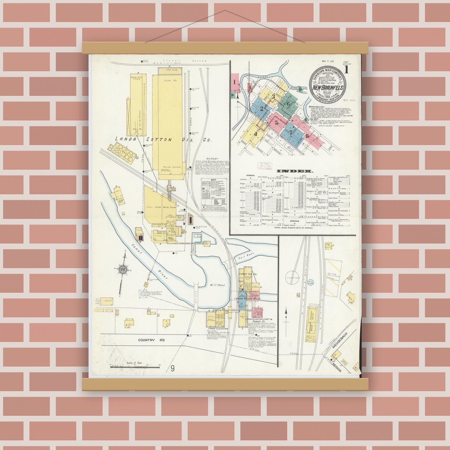 Old map wall art mockup — magnetic wood frame on brick wall — Sanborn Fire Insurance Map from New Braunfels, Comal County, Texas (1912), Sheet #0001