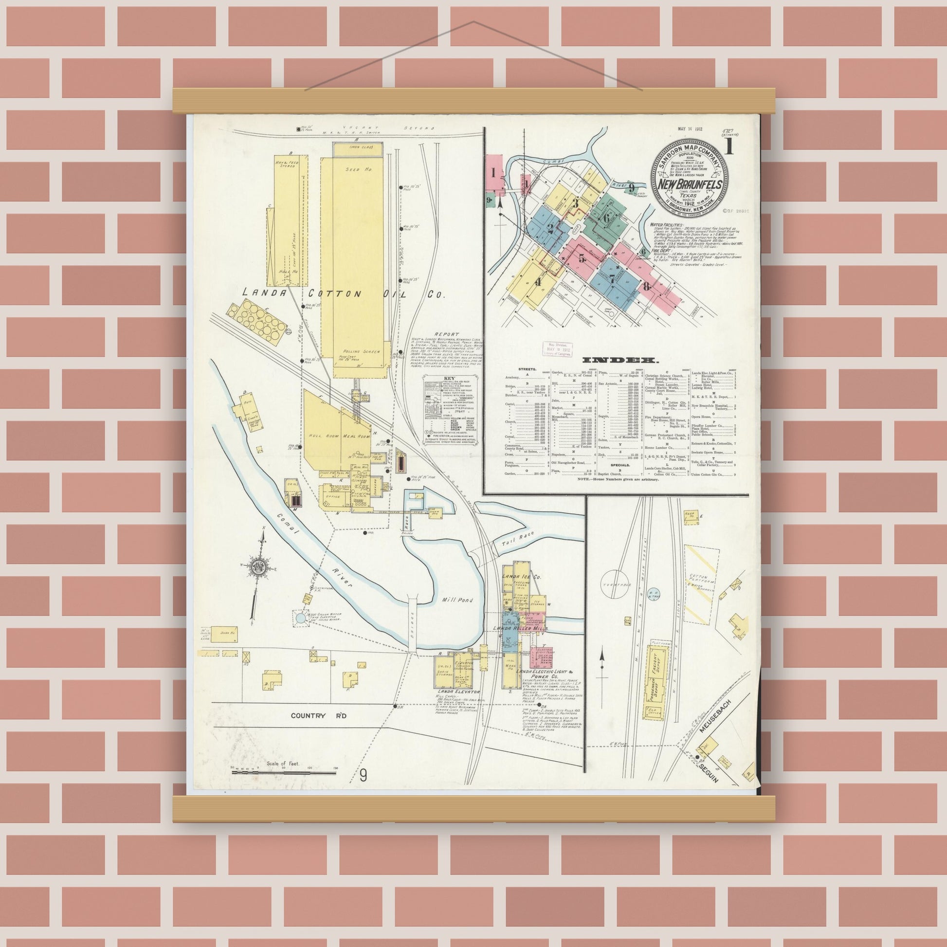 Old map wall art mockup — magnetic wood frame on brick wall — Sanborn Fire Insurance Map from New Braunfels, Comal County, Texas (1912), Sheet #0001