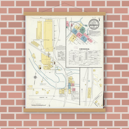 Old map wall art mockup — magnetic wood frame on brick wall — Sanborn Fire Insurance Map from New Braunfels, Comal County, Texas (1912), Sheet #0001