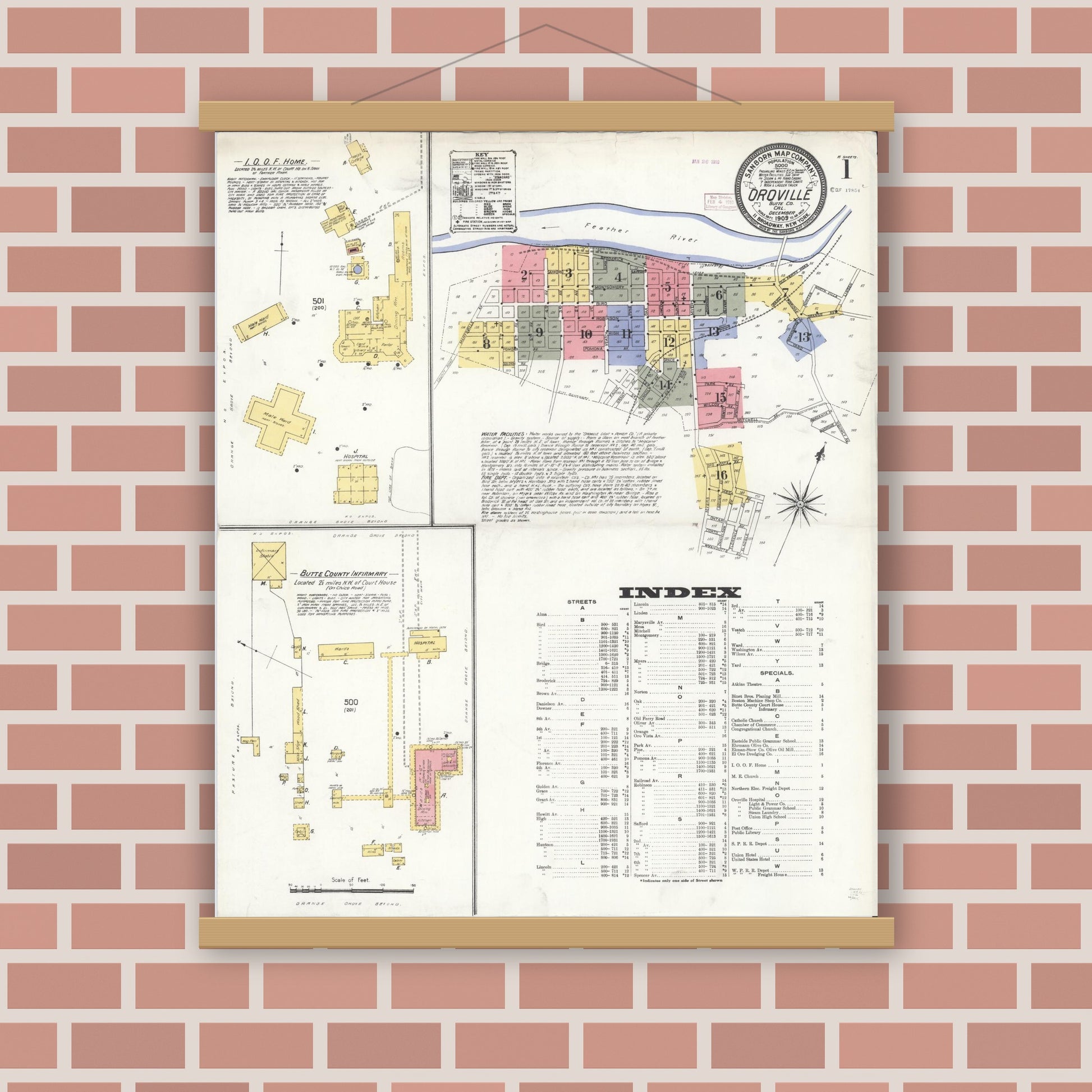 Old map wall art mockup — magnetic wood frame on brick wall — Sanborn Fire Insurance Map from Oroville, Butte County, California (1909) - Complete Map Set