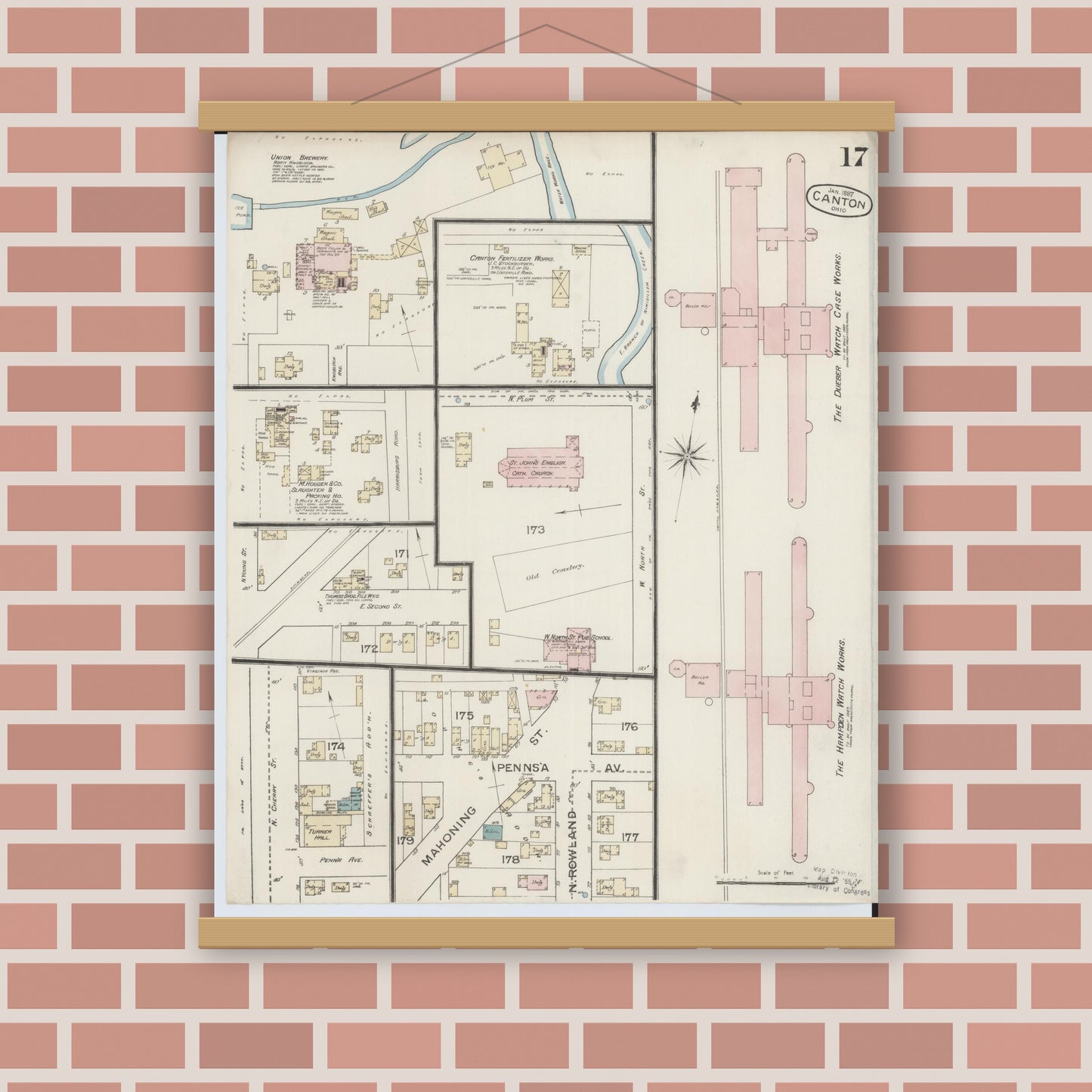 Old map wall art mockup — magnetic wood frame on brick wall — Sanborn Fire Insurance Map from Canton, Stark County, Ohio (1887), Sheet #0017