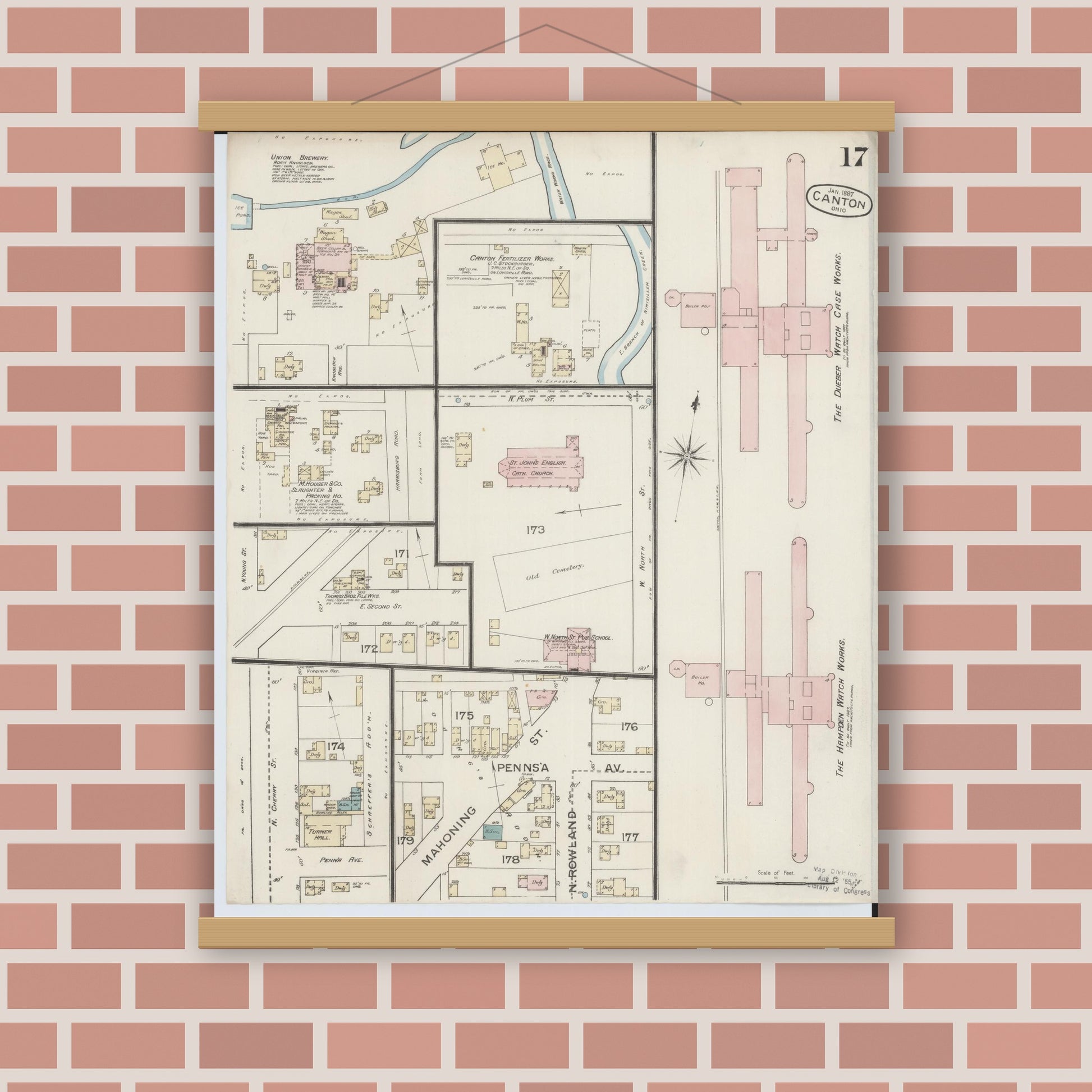 Old map wall art mockup — magnetic wood frame on brick wall — Sanborn Fire Insurance Map from Canton, Stark County, Ohio (1887), Sheet #0017