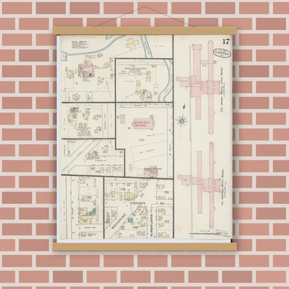Old map wall art mockup — magnetic wood frame on brick wall — Sanborn Fire Insurance Map from Canton, Stark County, Ohio (1887), Sheet #0017