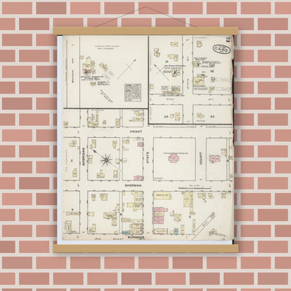 Old map wall art mockup — magnetic wood frame on brick wall — Sanborn Fire Insurance Map from Caro, Tuscola County, Michigan (1884), Sheet #0002