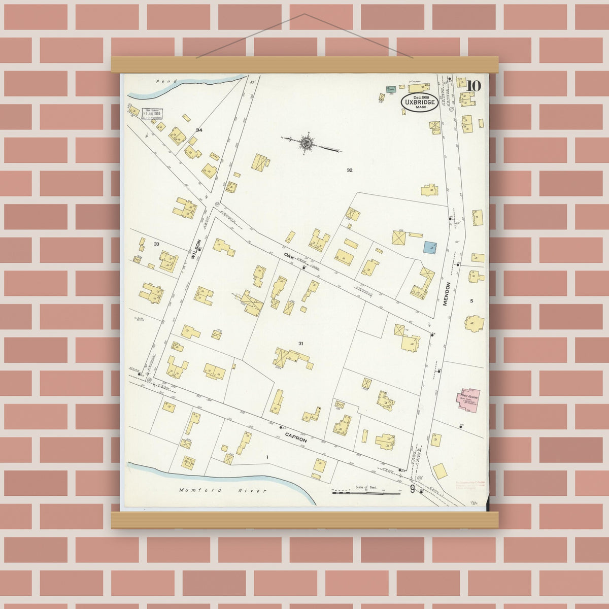 Old map wall art mockup — magnetic wood frame on brick wall — Sanborn Fire Insurance Map from Uxbridge, Worcester County, Massachusetts (1909), Sheet #0010