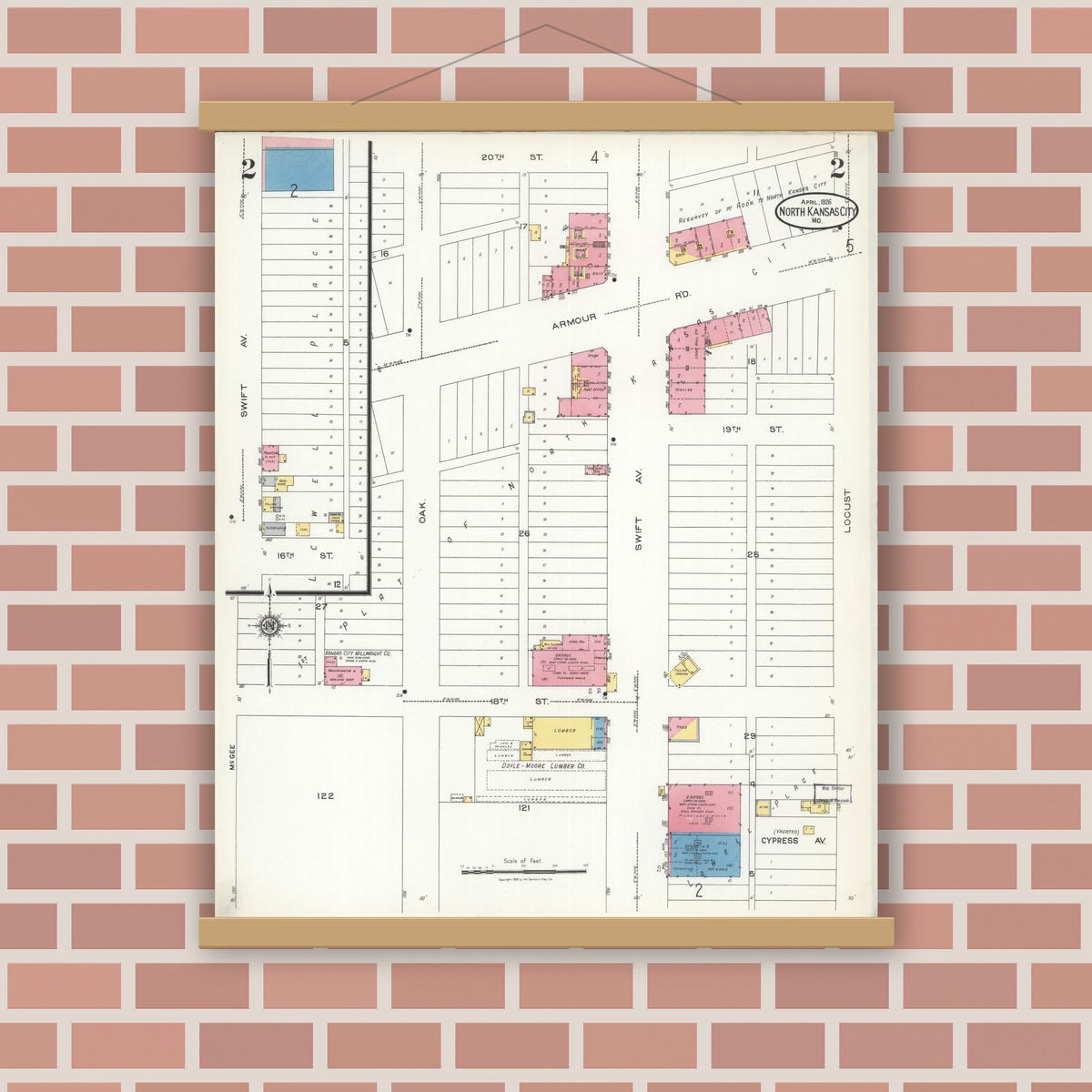 Old map wall art mockup — magnetic wood frame on brick wall — Sanborn Fire Insurance Map from North Kansas City, Clay County, Missouri (1926), Sheet #0002