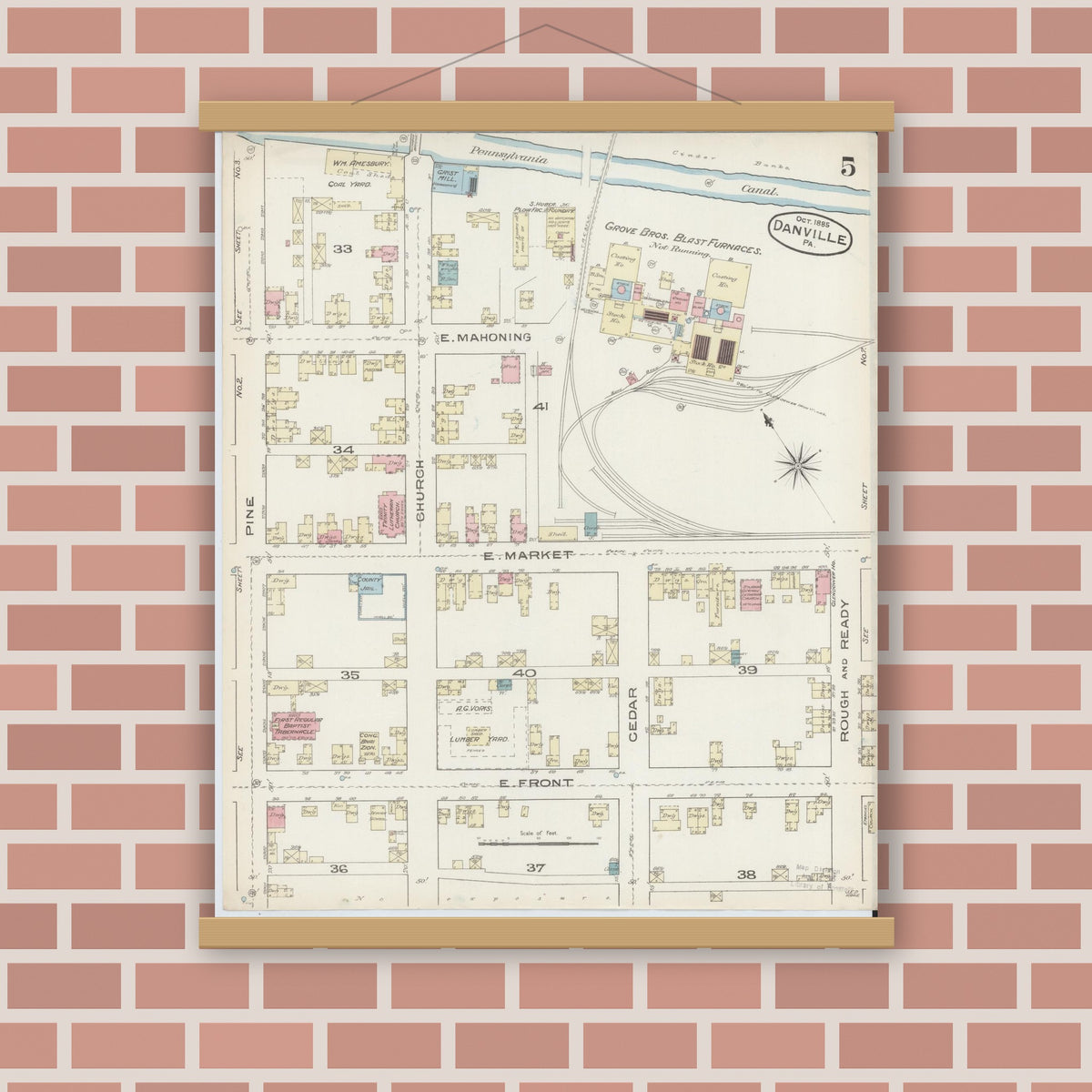 Old map wall art mockup — magnetic wood frame on brick wall — Sanborn Fire Insurance Map from Danville, Montour County, Pennsylvania (1885), Sheet #0005