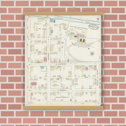 Old map wall art mockup — magnetic wood frame on brick wall — Sanborn Fire Insurance Map from Danville, Montour County, Pennsylvania (1885), Sheet #0005