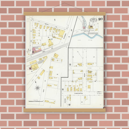 Old map wall art mockup — magnetic wood frame on brick wall — Sanborn Fire Insurance Map from Suffolk, Independent Cities, Virginia (1903), Sheet #0020