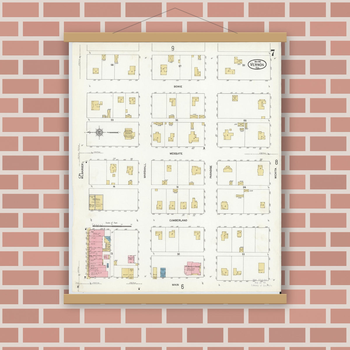 Old map wall art mockup — magnetic wood frame on brick wall — Sanborn Fire Insurance Map from Vernon, Wilbarger County, Texas (1912), Sheet #0007