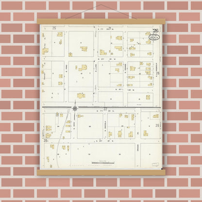 Old map wall art mockup — magnetic wood frame on brick wall — Sanborn Fire Insurance Map from Ocala, Marion County, Florida (1912), Sheet #0026