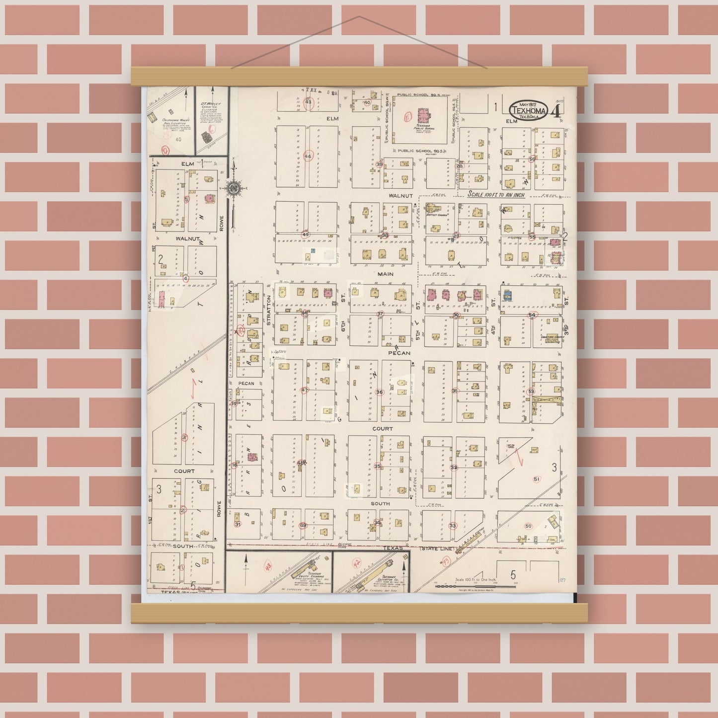 Old map wall art mockup — magnetic wood frame on brick wall — Sanborn Fire Insurance Map from Texhoma, Texas County, Oklahoma and Sherman County, Texas, Texas (1930), Sheet #0004