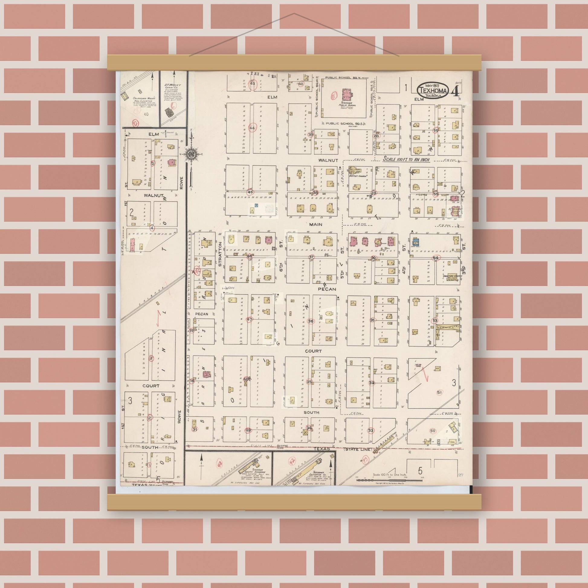 Old map wall art mockup — magnetic wood frame on brick wall — Sanborn Fire Insurance Map from Texhoma, Texas County, Oklahoma and Sherman County, Texas, Texas (1930), Sheet #0004