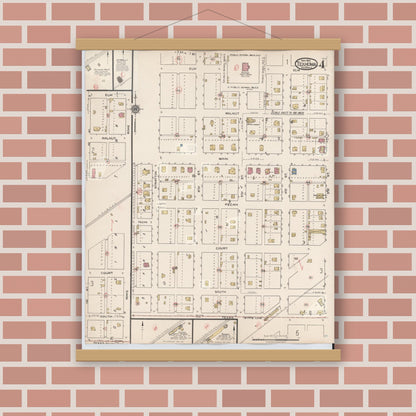 Old map wall art mockup — magnetic wood frame on brick wall — Sanborn Fire Insurance Map from Texhoma, Texas County, Oklahoma and Sherman County, Texas, Texas (1930), Sheet #0004