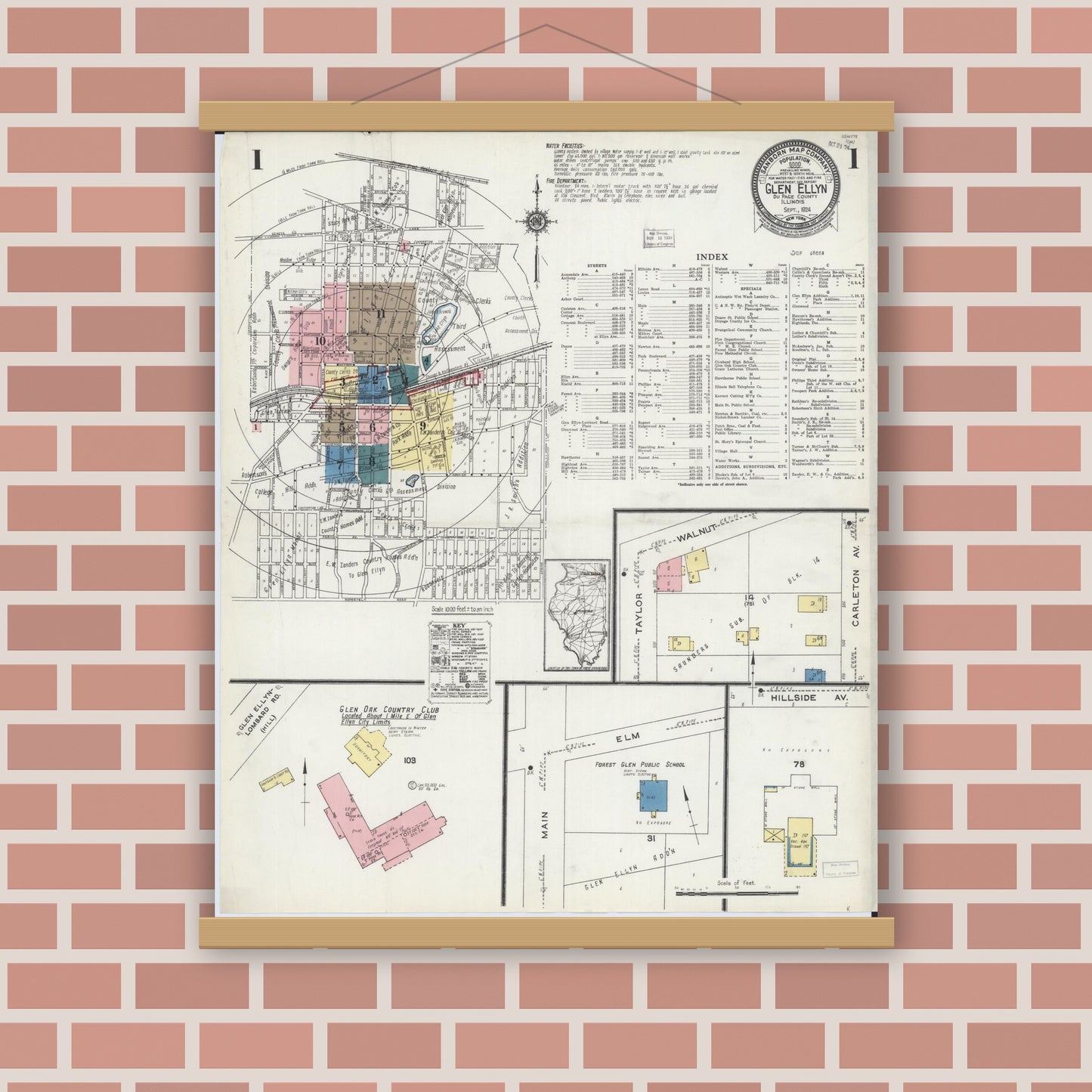 Old map wall art mockup — magnetic wood frame on brick wall — Sanborn Fire Insurance Map from Glen Ellyn, Du Page County, Illinois (1924), Sheet #0001