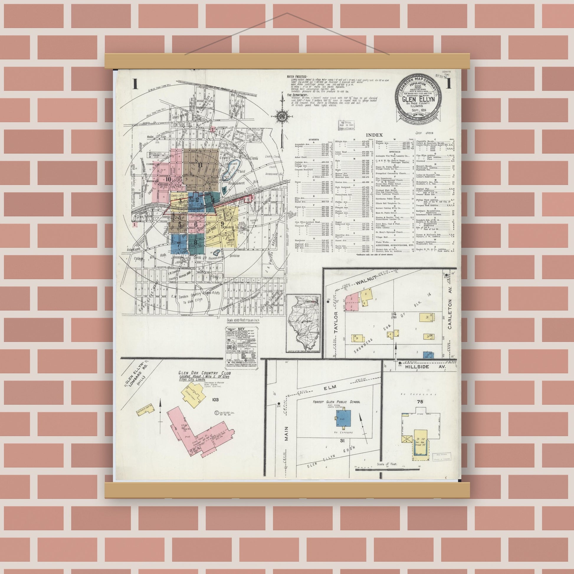Old map wall art mockup — magnetic wood frame on brick wall — Sanborn Fire Insurance Map from Glen Ellyn, Du Page County, Illinois (1924), Sheet #0001