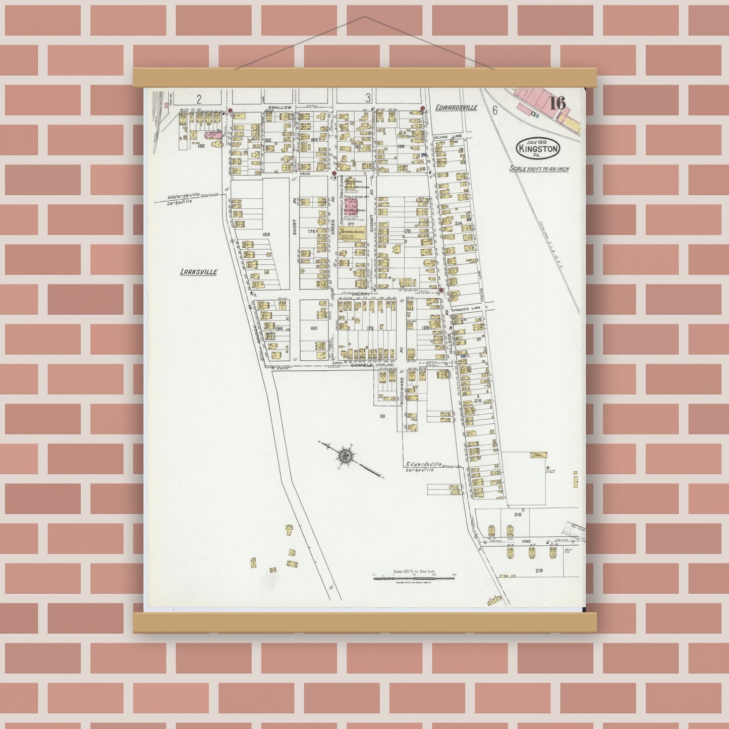 Old map wall art mockup — magnetic wood frame on brick wall — Sanborn Fire Insurance Map from Kingston, Luzerne County, Pennsylvania (1919), Sheet #0016
