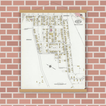 Old map wall art mockup — magnetic wood frame on brick wall — Sanborn Fire Insurance Map from Kingston, Luzerne County, Pennsylvania (1919), Sheet #0016