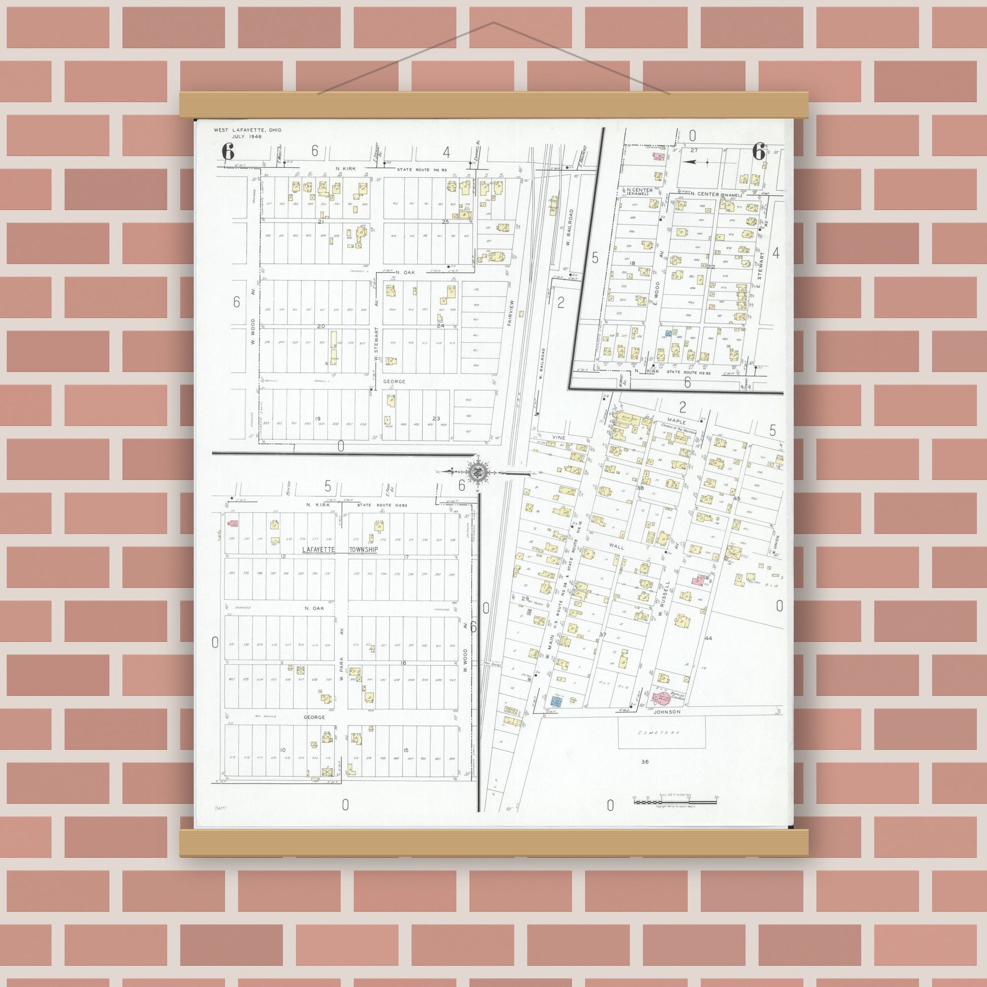 Old map wall art mockup — magnetic wood frame on brick wall — Sanborn Fire Insurance Map from West Lafayette, Coshocton County, Ohio (1946), Sheet #0006
