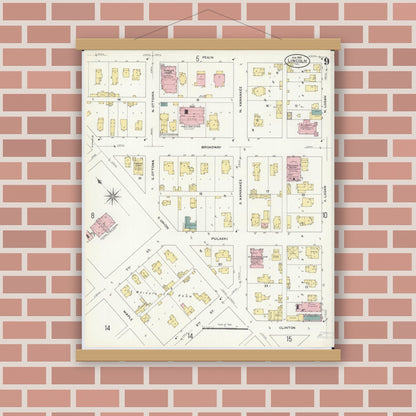 Old map wall art mockup — magnetic wood frame on brick wall — Sanborn Fire Insurance Map from Lincoln, Logan County, Illinois (1909), Sheet #0009