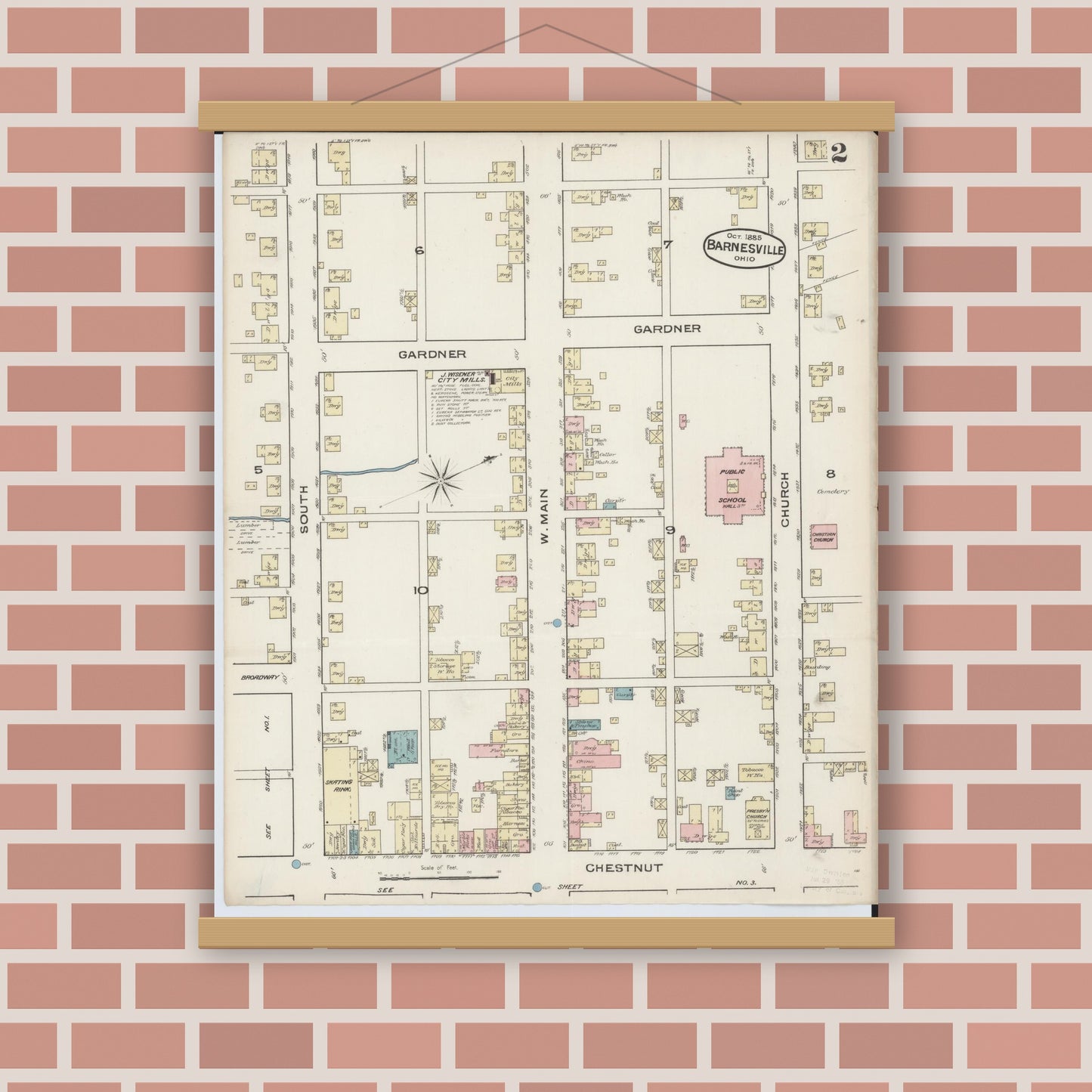 Old map wall art mockup — magnetic wood frame on brick wall — Sanborn Fire Insurance Map from Barnesville, Belmont County, Ohio (1885), Sheet #0002