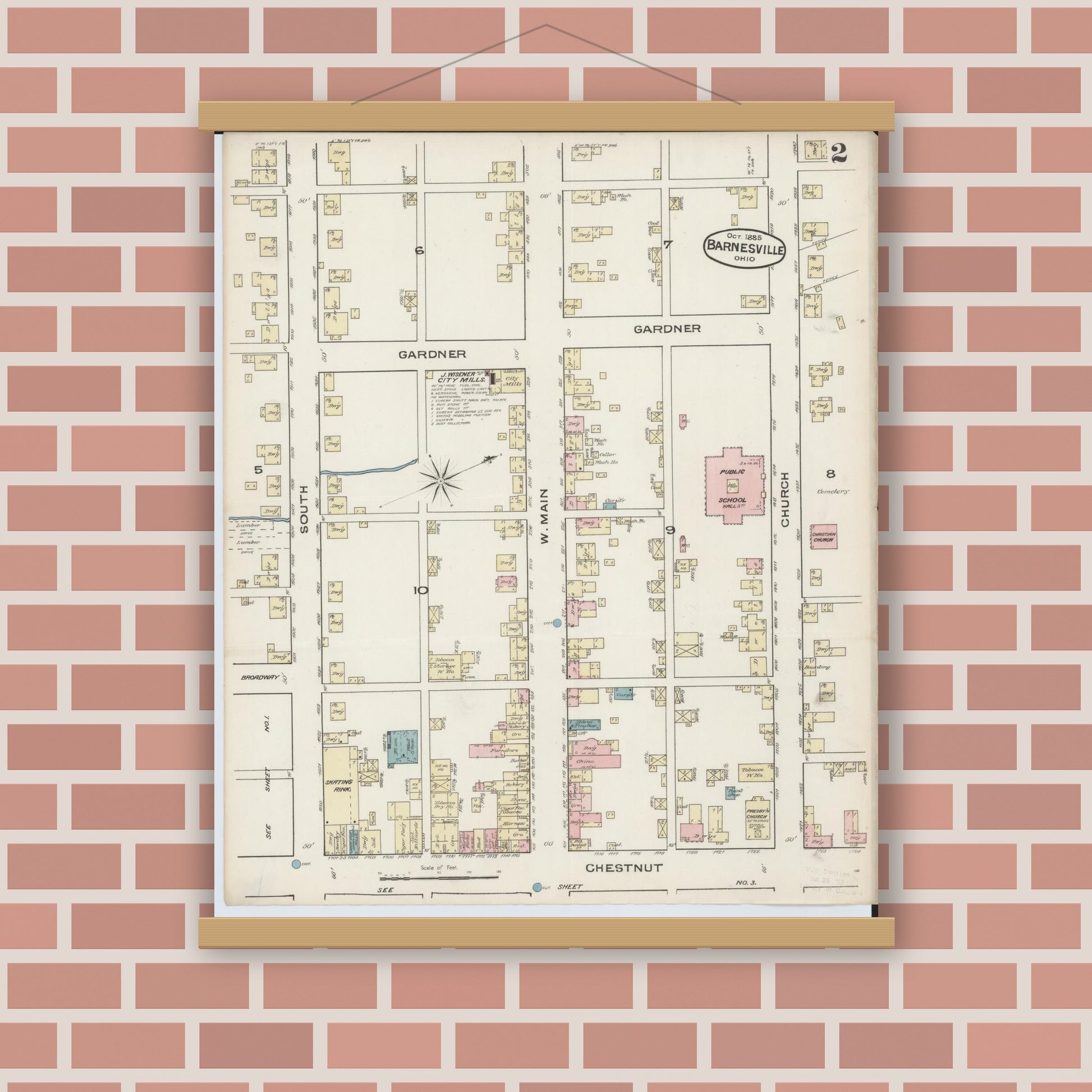 Old map wall art mockup — magnetic wood frame on brick wall — Sanborn Fire Insurance Map from Barnesville, Belmont County, Ohio (1885), Sheet #0002