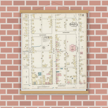 Old map wall art mockup — magnetic wood frame on brick wall — Sanborn Fire Insurance Map from Barnesville, Belmont County, Ohio (1885), Sheet #0002