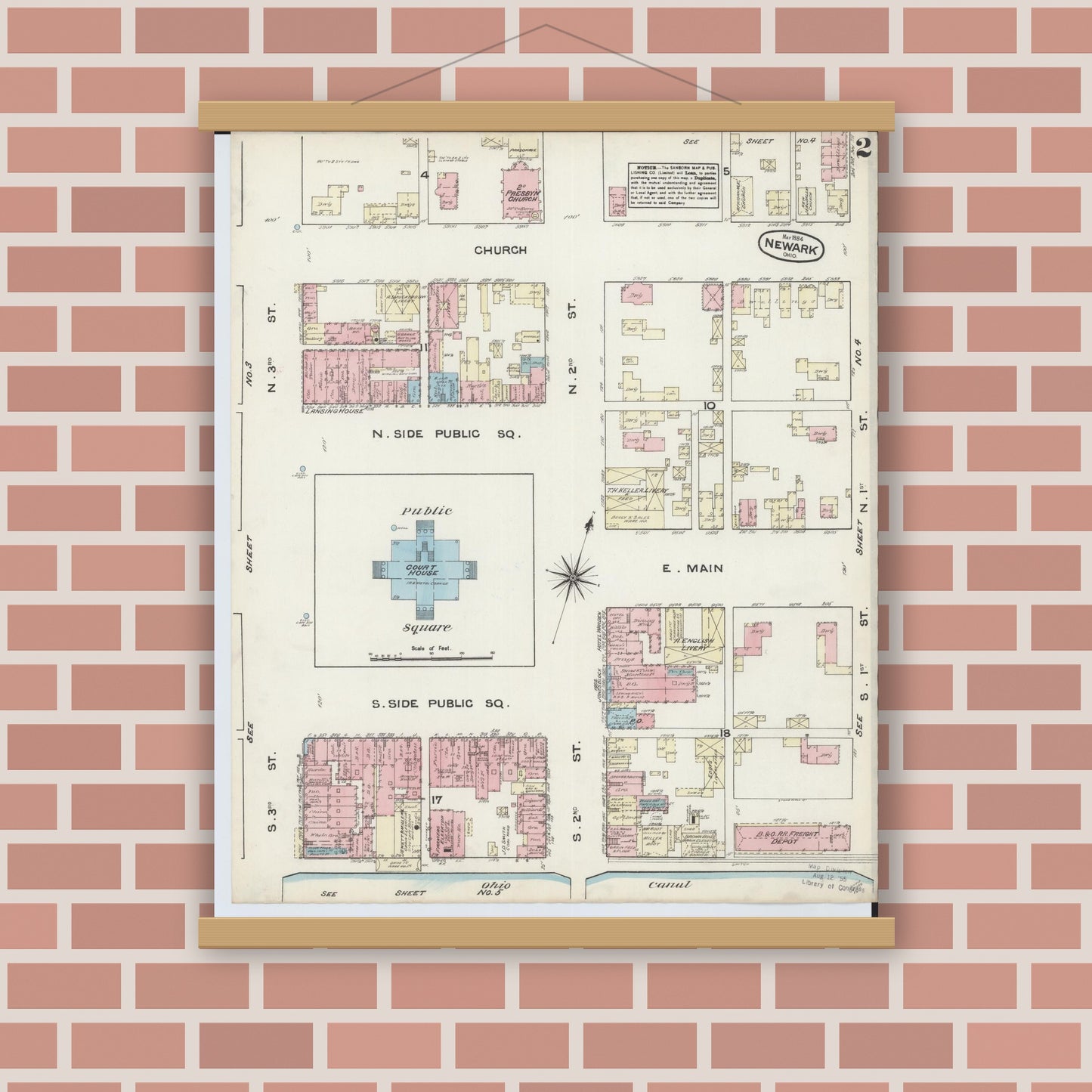 Old map wall art mockup — magnetic wood frame on brick wall — Sanborn Fire Insurance Map from Newark, Licking County, Ohio (1884), Sheet #0002