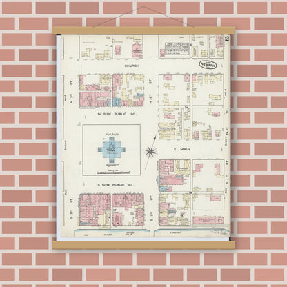 Old map wall art mockup — magnetic wood frame on brick wall — Sanborn Fire Insurance Map from Newark, Licking County, Ohio (1884), Sheet #0002