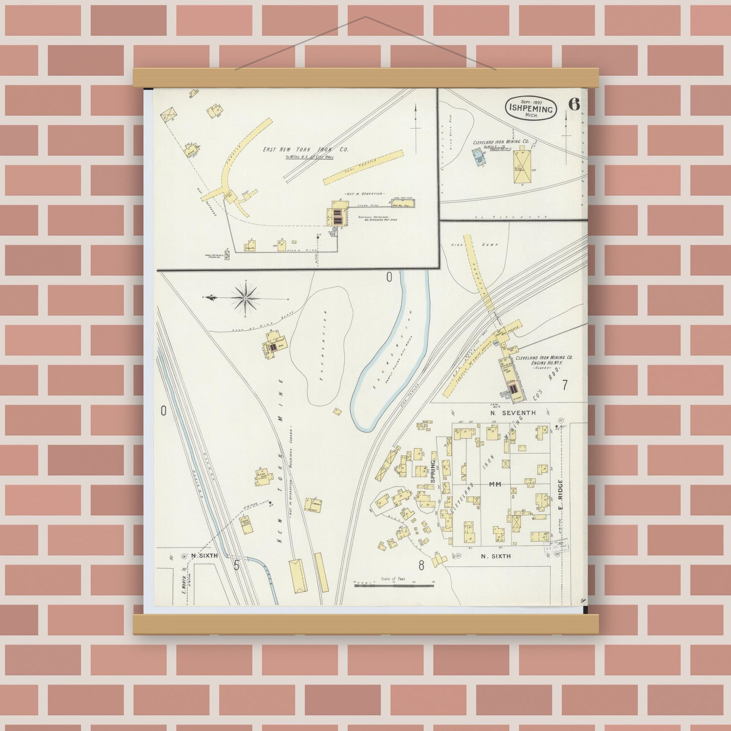 Old map wall art mockup — magnetic wood frame on brick wall — Sanborn Fire Insurance Map from Ishpeming, Marquette County, Michigan (1897), Sheet #0006
