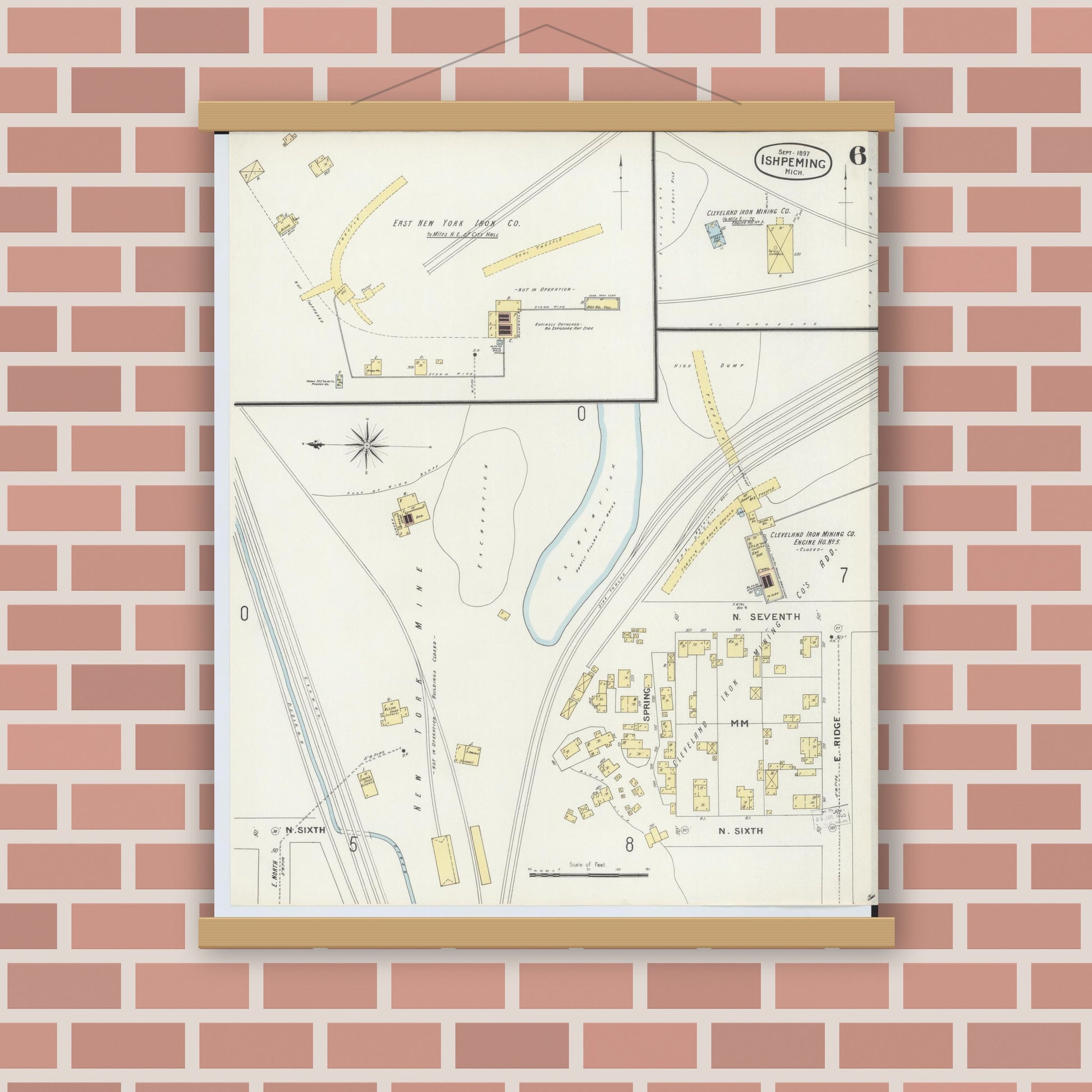 Old map wall art mockup — magnetic wood frame on brick wall — Sanborn Fire Insurance Map from Ishpeming, Marquette County, Michigan (1897), Sheet #0006