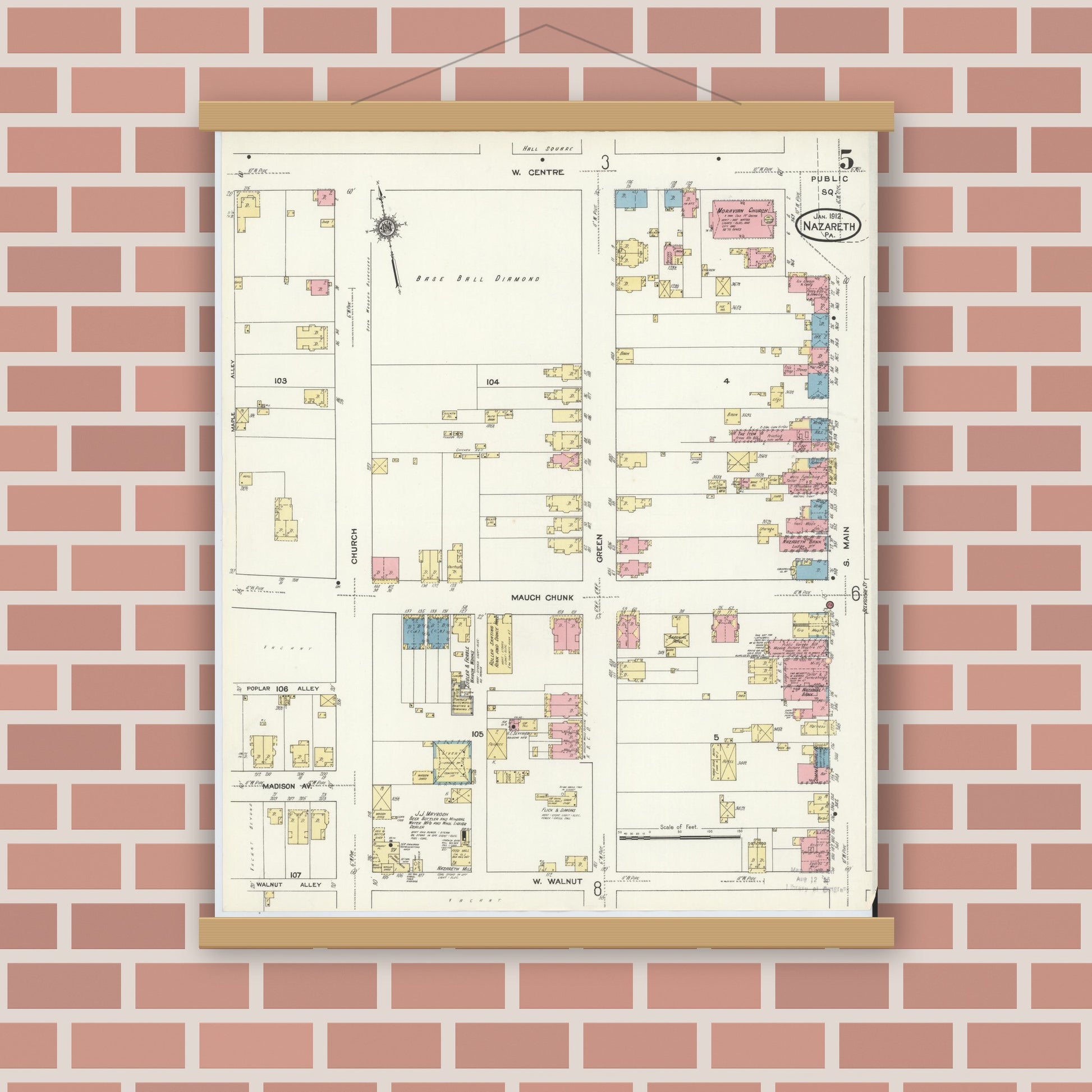 Old map wall art mockup — magnetic wood frame on brick wall — Sanborn Fire Insurance Map from Nazareth, Northampton County, Pennsylvania (1912), Sheet #0005