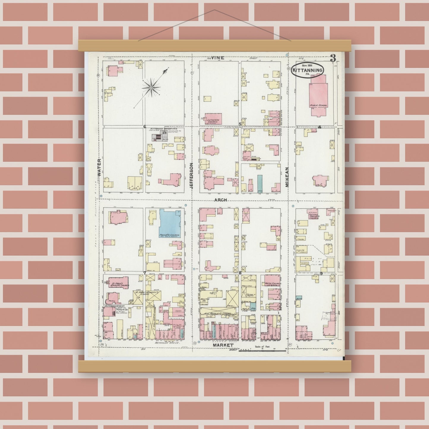 Old map wall art mockup — magnetic wood frame on brick wall — Sanborn Fire Insurance Map from Kittanning, Armstrong County, Pennsylvania (1891), Sheet #0003