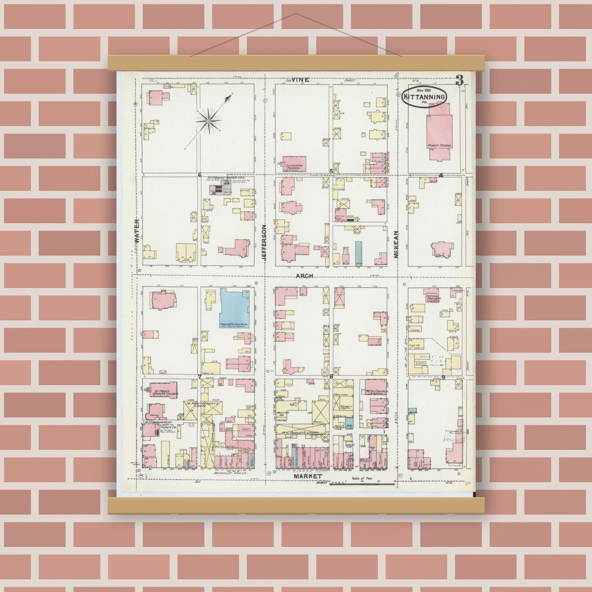 Old map wall art mockup — magnetic wood frame on brick wall — Sanborn Fire Insurance Map from Kittanning, Armstrong County, Pennsylvania (1891), Sheet #0003