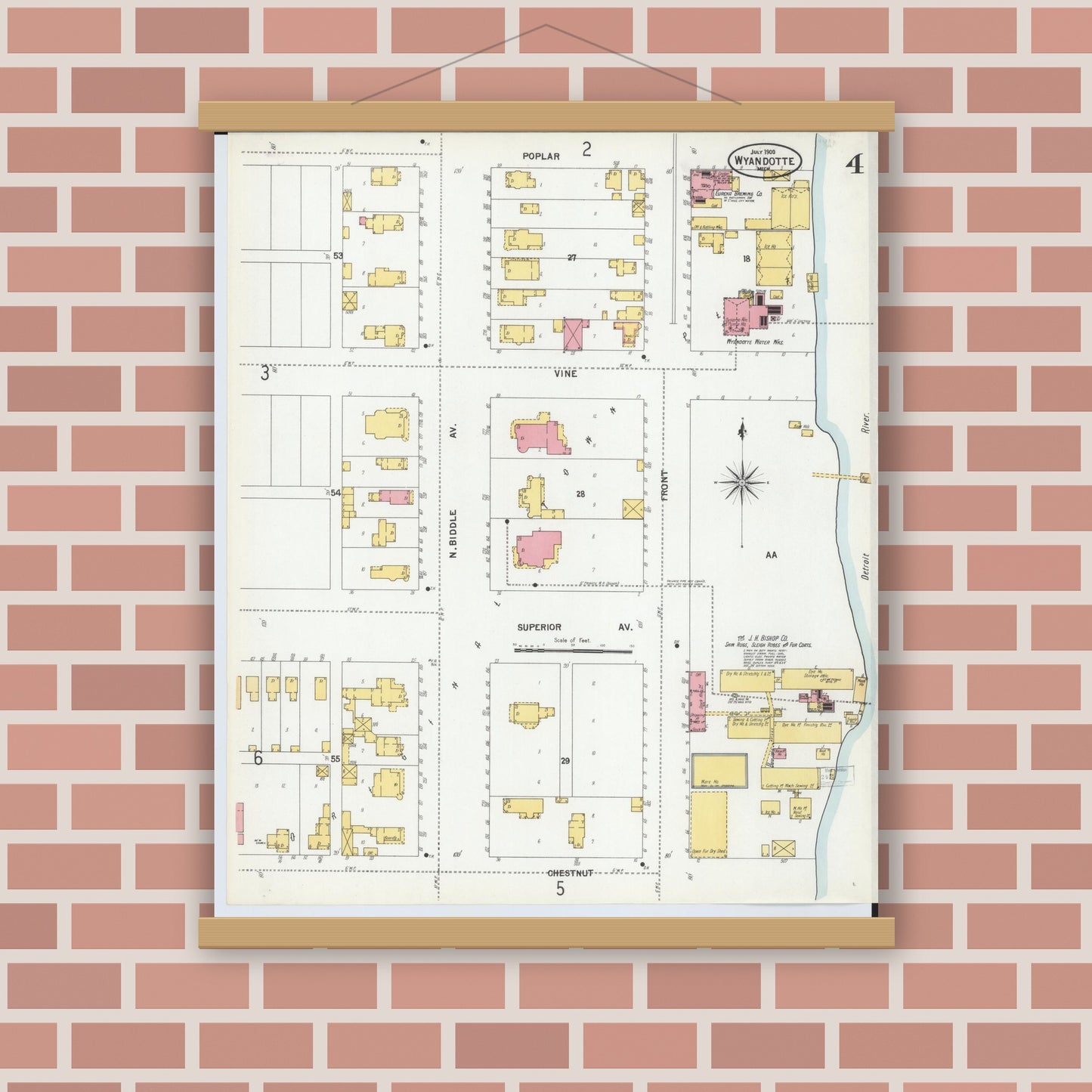Old map wall art mockup — magnetic wood frame on brick wall — Sanborn Fire Insurance Map from Wyandotte, Wayne County, Michigan (1900), Sheet #0004