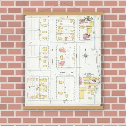 Old map wall art mockup — magnetic wood frame on brick wall — Sanborn Fire Insurance Map from Wyandotte, Wayne County, Michigan (1900), Sheet #0004