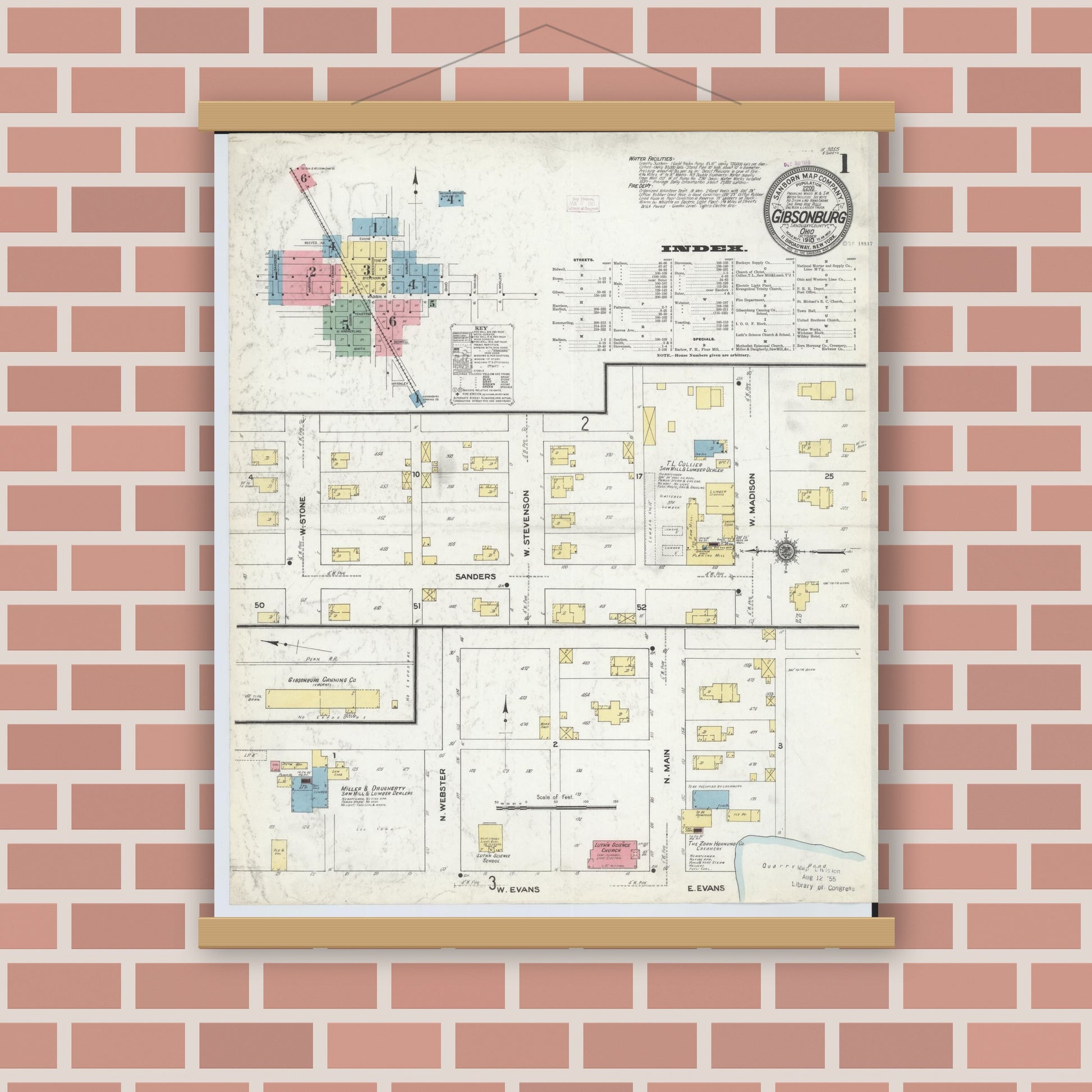Old map wall art mockup — magnetic wood frame on brick wall — Sanborn Fire Insurance Map from Gibsonburg, Sandusky County, Ohio (1910), Sheet #0001