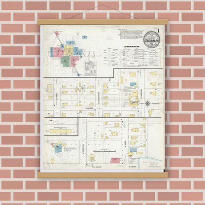 Old map wall art mockup — magnetic wood frame on brick wall — Sanborn Fire Insurance Map from Gibsonburg, Sandusky County, Ohio (1910), Sheet #0001