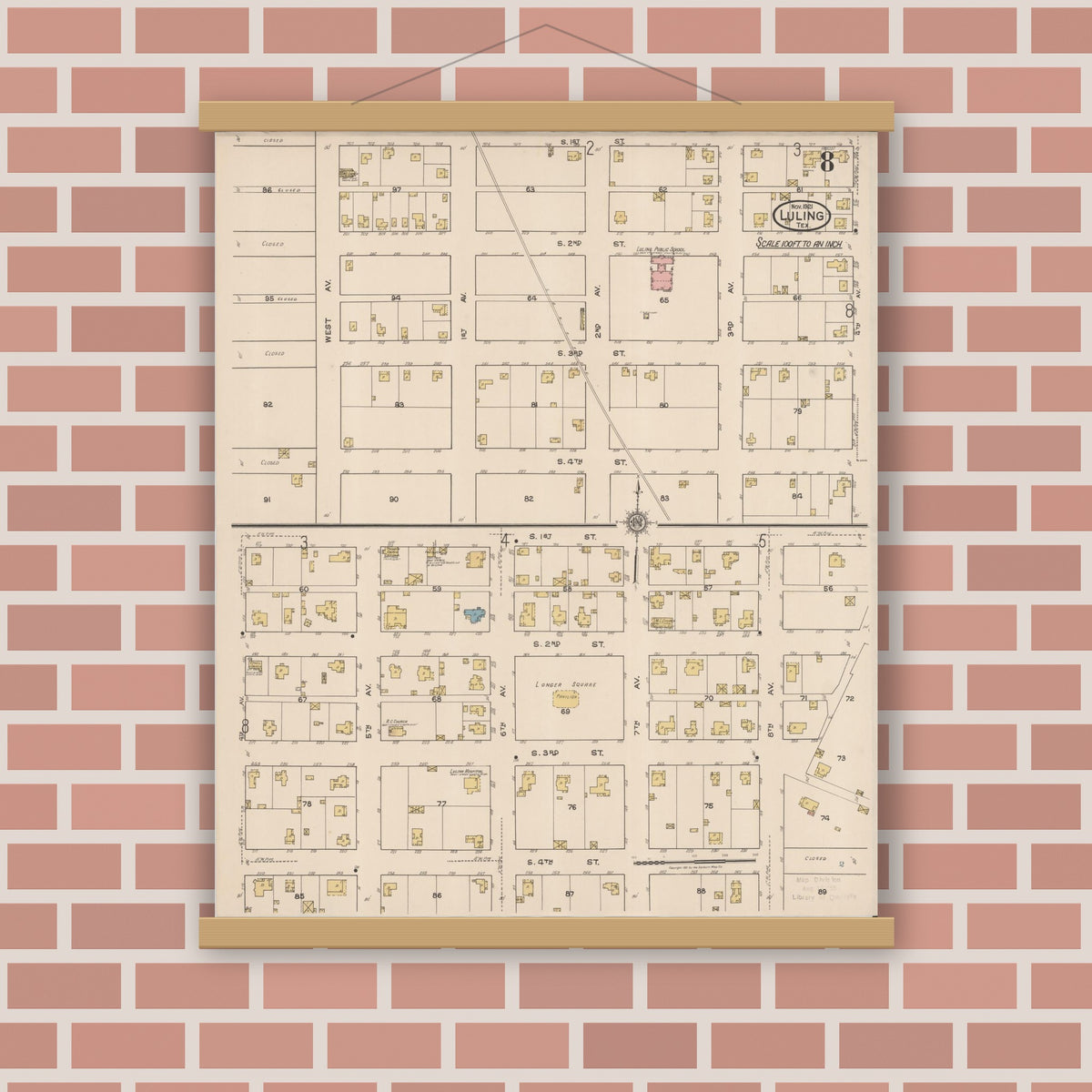Old map wall art mockup — magnetic wood frame on brick wall — Sanborn Fire Insurance Map from Luling, Caldwell County, Texas (1921), Sheet #0008