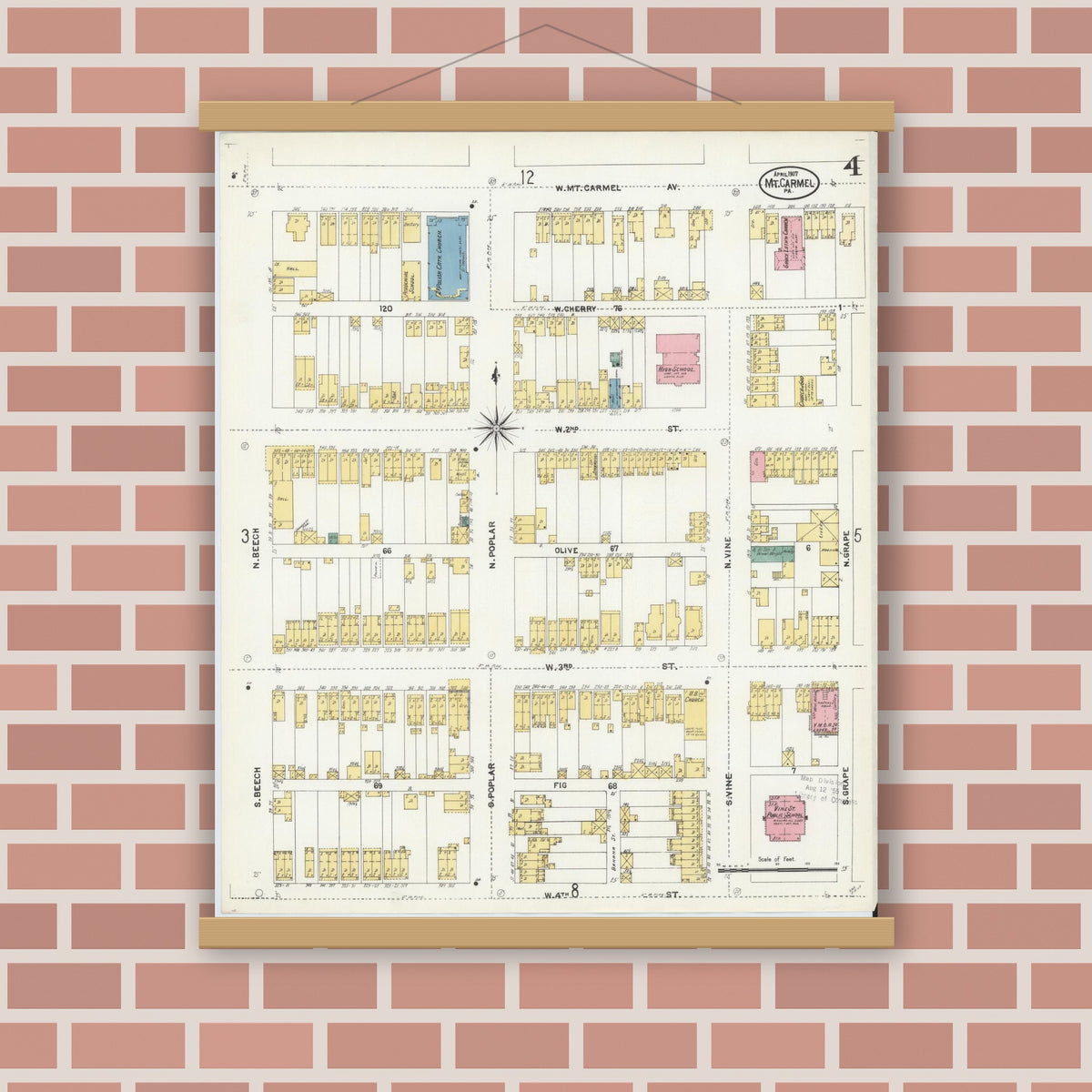 Old map wall art mockup — magnetic wood frame on brick wall — Sanborn Fire Insurance Map from Mount Carmel, Northumberland County, Pennsylvania (1907), Sheet #0004
