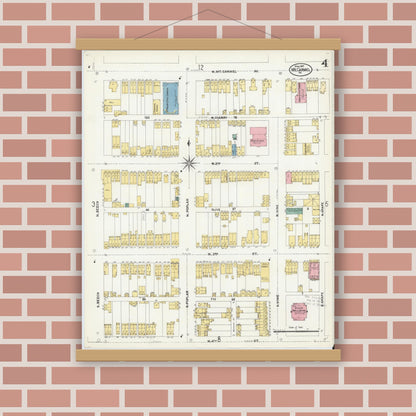 Old map wall art mockup — magnetic wood frame on brick wall — Sanborn Fire Insurance Map from Mount Carmel, Northumberland County, Pennsylvania (1907), Sheet #0004