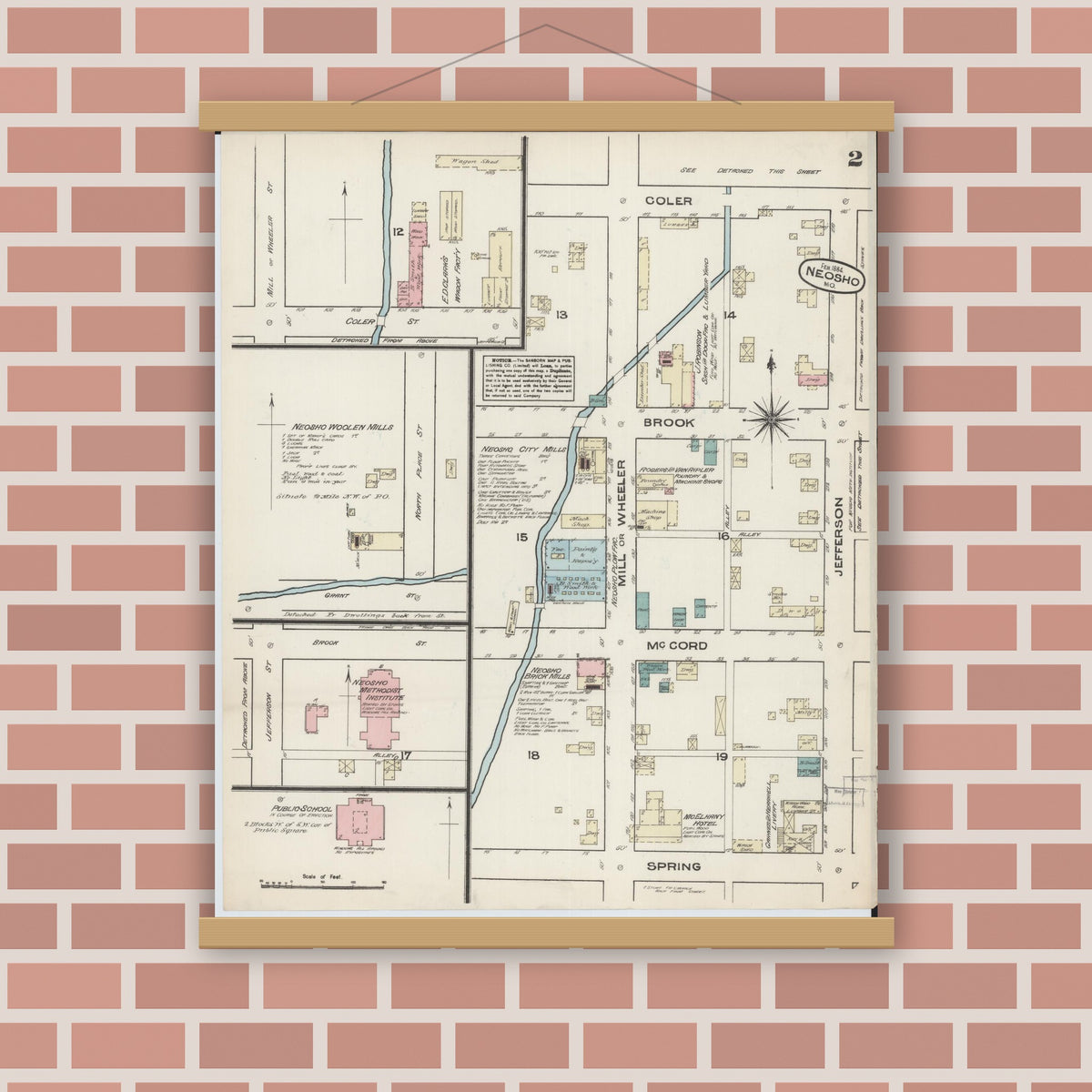 Old map wall art mockup — magnetic wood frame on brick wall — Sanborn Fire Insurance Map from Neosho, Newton County, Missouri (1884), Sheet #0002