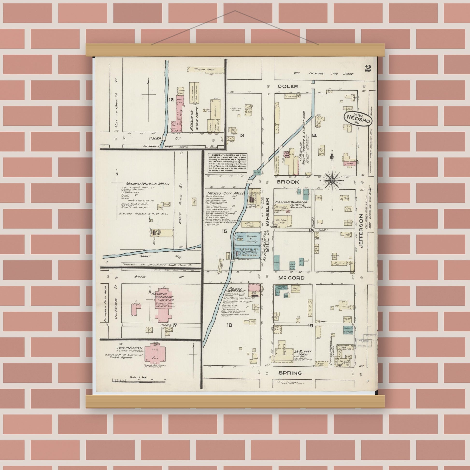 Old map wall art mockup — magnetic wood frame on brick wall — Sanborn Fire Insurance Map from Neosho, Newton County, Missouri (1884), Sheet #0002