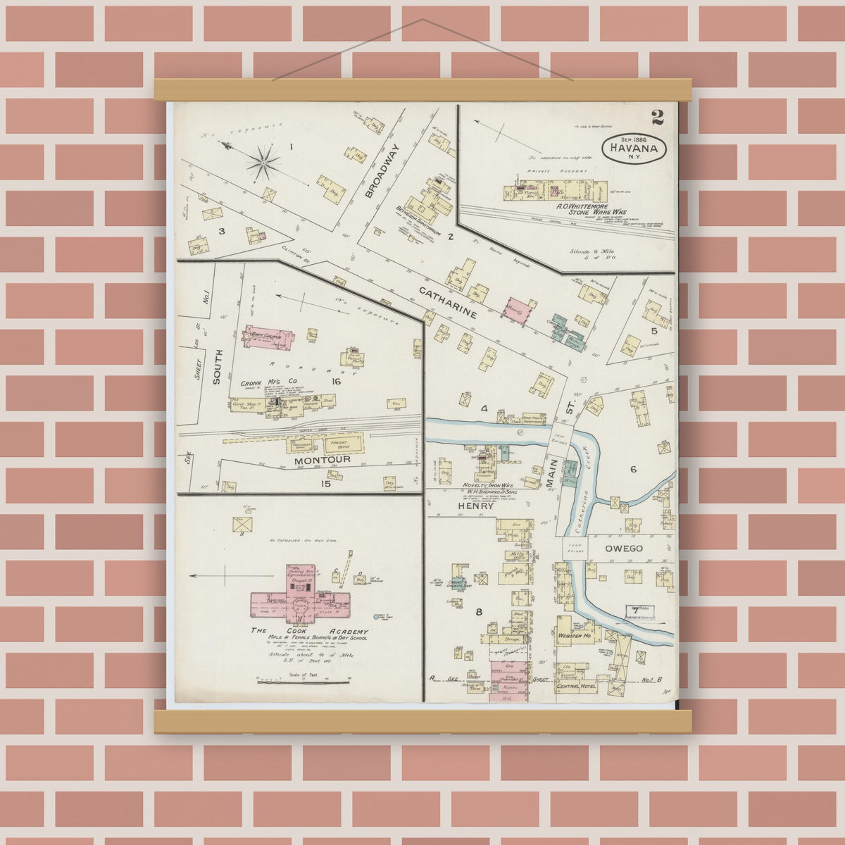 Old map wall art mockup — magnetic wood frame on brick wall — Sanborn Fire Insurance Map from Havana, Schuyler County, New York (1886), Sheet #0002