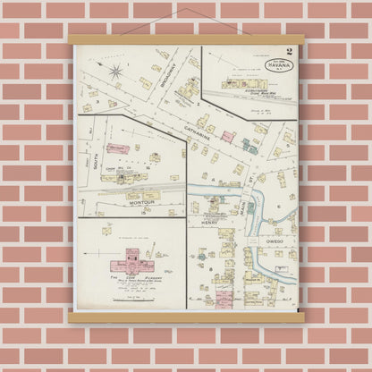Old map wall art mockup — magnetic wood frame on brick wall — Sanborn Fire Insurance Map from Havana, Schuyler County, New York (1886), Sheet #0002